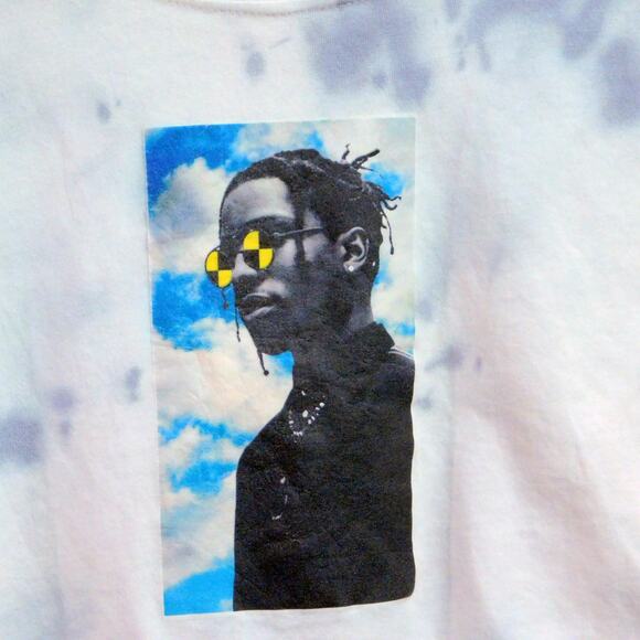 ASAP Rocky T Shirt Size L Cropped Tie Dye Clouds Rap Hip Hop White Blue - Picture 3 of 4